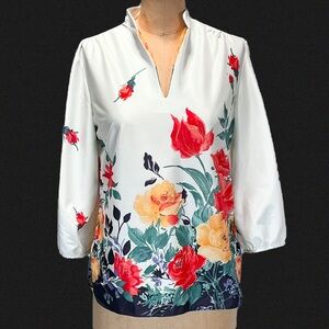 VINTAGE 70s Sears tulip‎ flower garden top shirt v neck collar floral polyester